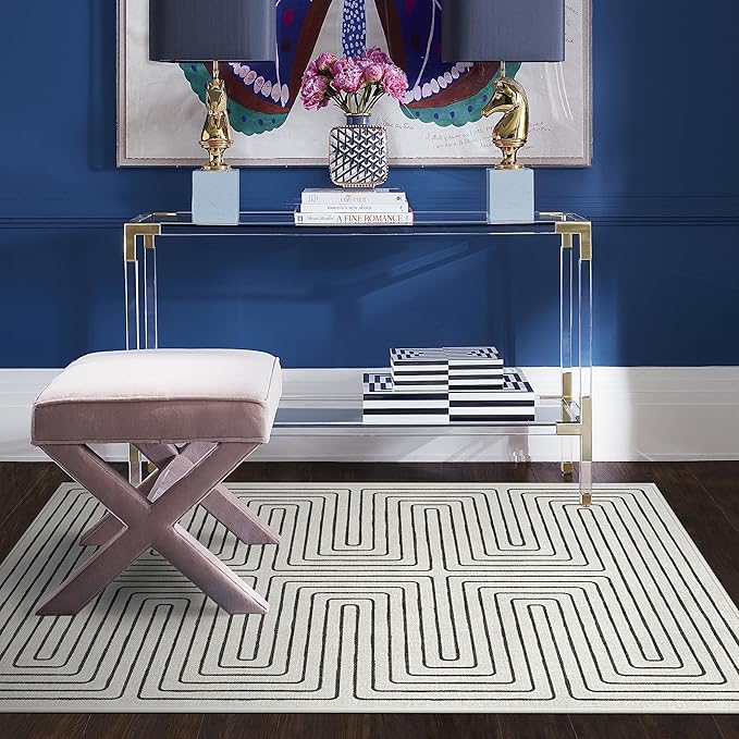 RUGGABLE x Jonathan Adler Machine Washable Modern Area Rug – Labyrinth Black/Ivory 3x5, Stain-Resistant, Non-Slip – Small Rugs for Living Room, Bedroom, Hallway, Entryway & Office–with Standard Pad