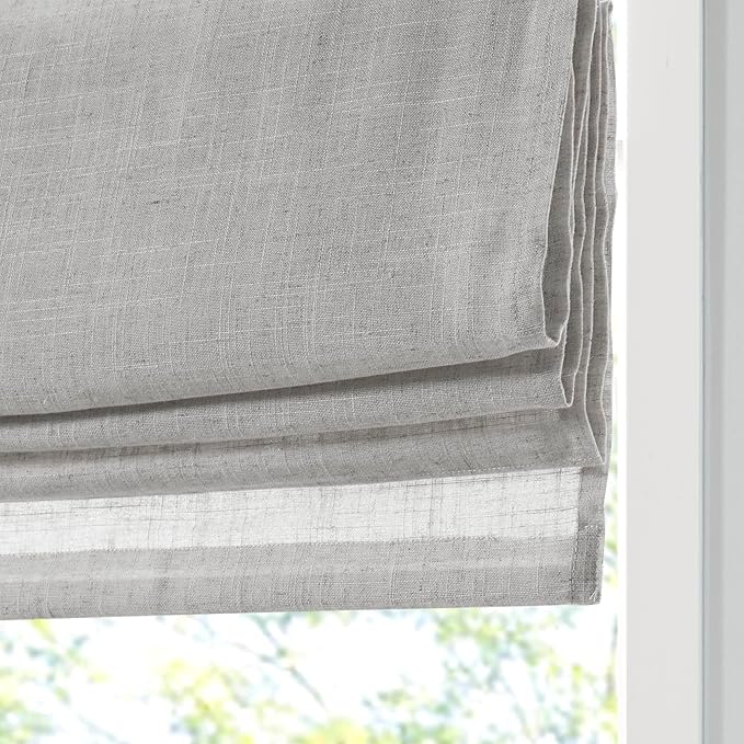 Madison Park Kyler Cordless Roman Shades - Single Panel, Lightweight Linen Blend Fabric, Natural Design, Easy Installation, Light Filtering Window Blind, Bedroom, Living Room Decor 29" W x 64" H Grey