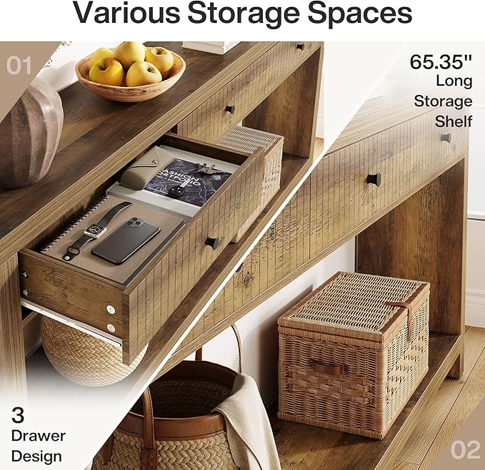 Tribesigns 70.9-Inch Extra Long Entryway Table with 3 Drawers, Sofa Console Table with Open Storage Shelves, Wooden Couch Foyer Tables for Living Room Hallway Entrance