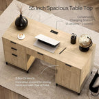 55" Fluted Executive Desk, Modern Wood Home Office Desk with Charging Station, Keyboard Tray, File Drawer, Storage Cabinet for Work Study Writing Desk, Light Oak