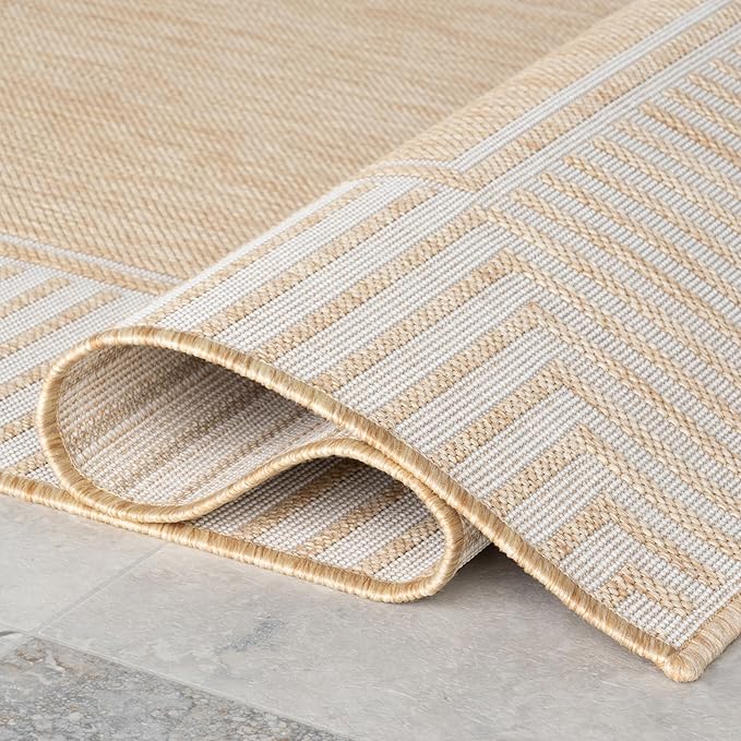 nuLOOM 6' 7" x 9' Outdoor/Indoor Asha Area Rug, Tan, Casual Design with Striped Border, Stain Resistant, Highly Durable, for Patio, Balcony, Bedroom, Living Room, Dining Room, Bathroom