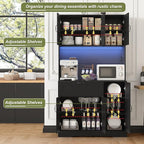 71" Kitchen Pantry Cabinet with Hutch - Freestanding Pantry Cabinet with Drawer, Adjustable Shelves, LED Light & Power Outlets for Kitchen, Dining Room, Living Room (Black)