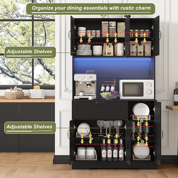 71" Kitchen Pantry Cabinet with Hutch - Freestanding Pantry Cabinet with Drawer, Adjustable Shelves, LED Light & Power Outlets for Kitchen, Dining Room, Living Room (Black)