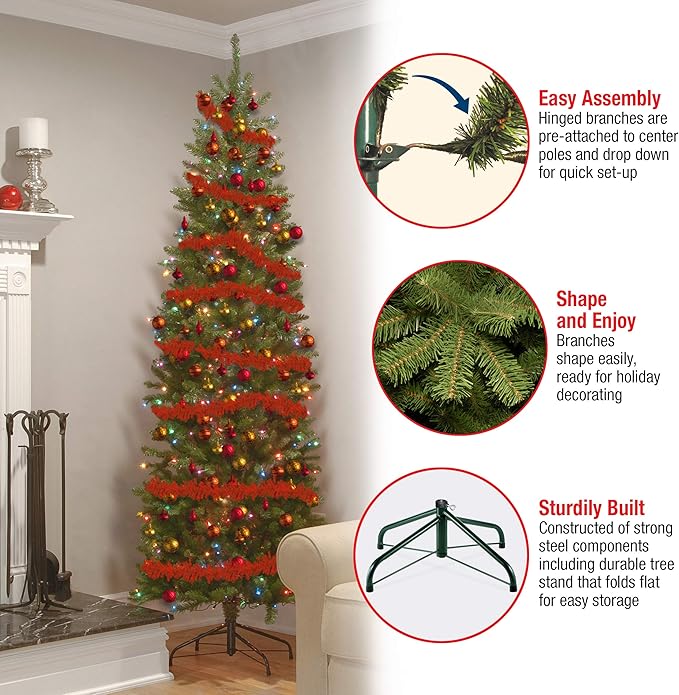National Tree Company 6.5 ft Pre-Lit Kingswood Fir Slim Artificial Christmas Tree, 250 Multicolor Lights, 719 Tips, Includes Stand, Green