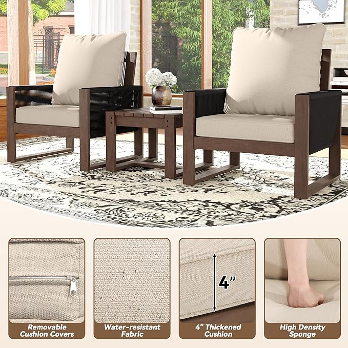 Patio Chairs 3 Piece Wood Patio Furniture with Coffee Table & Cushions, PE Wicker Outdoor Conversation Set Balcony Chairs for Garden, Porch, Deck, Backyard