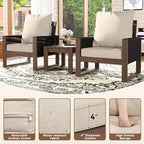 Patio Chairs 3 Piece Wood Patio Furniture with Coffee Table & Cushions, PE Wicker Outdoor Conversation Set Balcony Chairs for Garden, Porch, Deck, Backyard