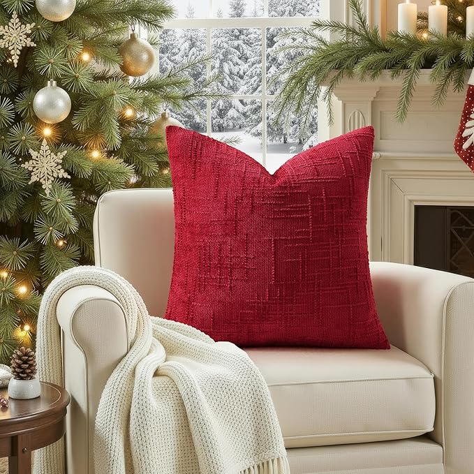 decorUhome Christmas Red Chenille Throw Pillow Covers 16x16 Set of 2 Thick Textured Slubby Couch Pillow Covers Farmhouse Accent Modern Neutral Decorative Pillow Cases for Bed Sofa Living Room