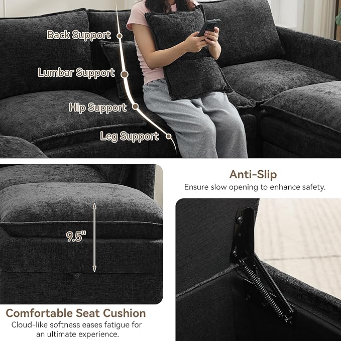 80" Cloud Modular 3 Seater Sofa with Storage, Modern Upholstered Storage Sofa Couch Deep Seat, Sectional Sofa Chenille Comfy Couch with Armrests for Living Room, Small Space, Black