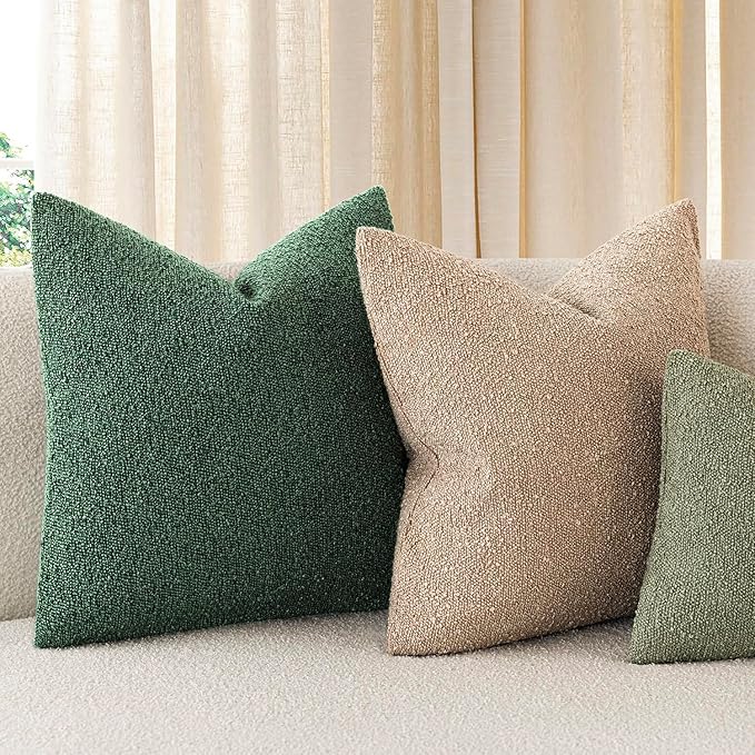 Foindtower Set of 2, Decorative Textured Boucle Throw Pillow Covers Accent Solid Pillow Cases Neutral Cozy Couch Cushion Case for Chair Sofa Bedroom Living Room Home Decor 24x24 Inch Pine Green