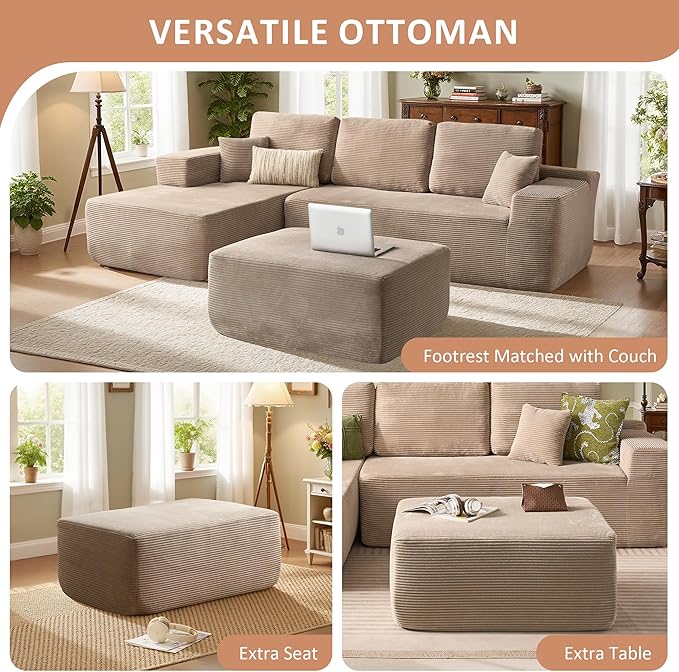 37.1" Ottoman for Couch, Plush Corduroy Memory Foam Ottoman Cloud Boneless Sectional Couch for Living Room Foot Stools No Assembly Require, Stripe Corduroy,Camel