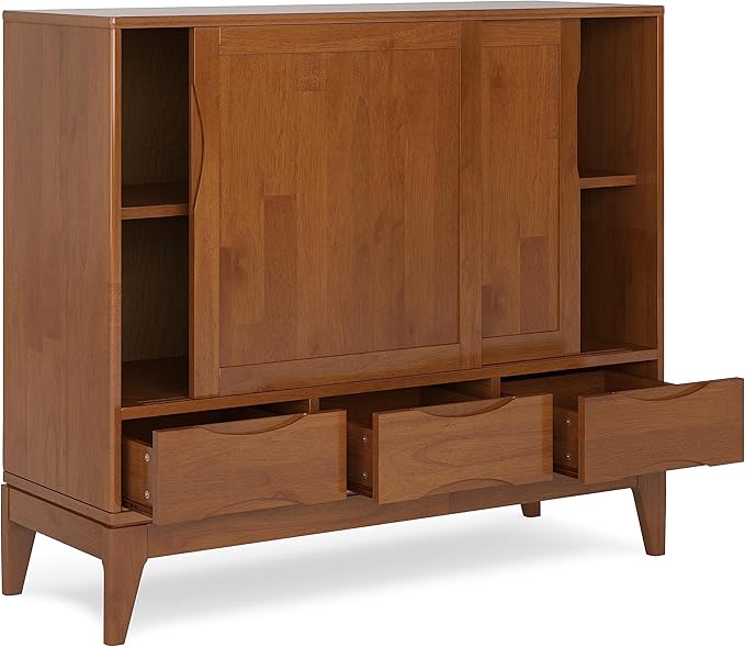 SIMPLIHOME Harper Medium Storage Cabinet - 48 inch Wide Solid Hardwood Sliding Door Cabinet in Teak Brown, Mid-Century Modern Cupboard for Living Room or Entryway with 3 Drawers and Tapered Legs