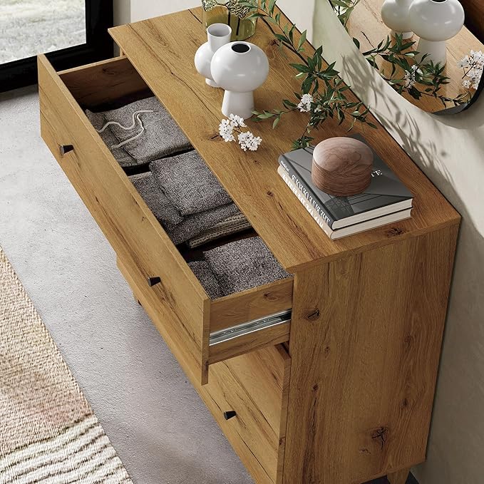 WAMPAT 3-Drawer Kids Dresser for Bedroom, Modern Small Chest of Drawers with Black Knobs, 35 Inch Wide Oak Brown Wood Children Dresser for Baby Room, Nursery, Living Room