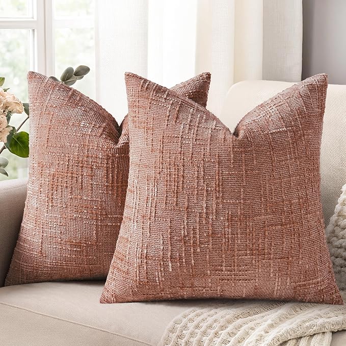 decorUhome Pink Chenille Throw Pillow Covers 20x20 Set of 2 Thick Textured Slubby Couch Pillow Covers Farmhouse Accent Modern Neutral Decorative Pillow Cases for Bed Sofa Living Room