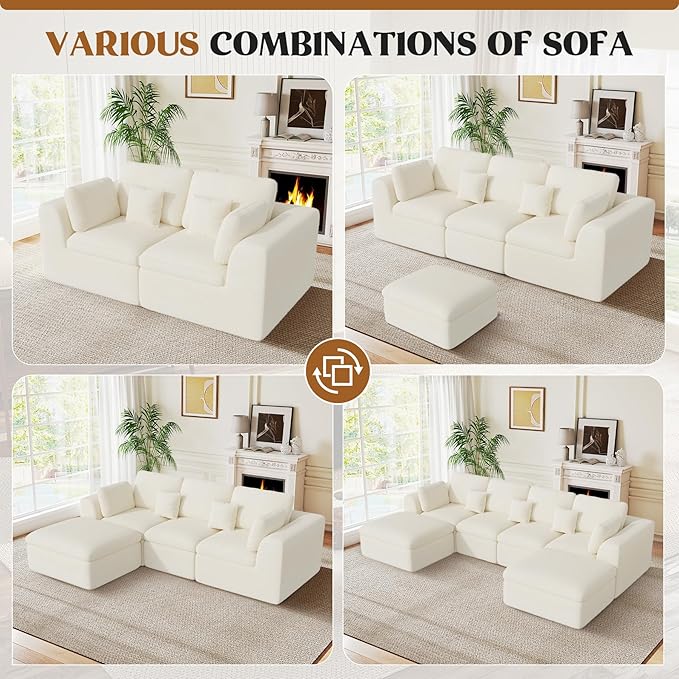 144" Cloud Sectional Couches for Living Room, Convertible U-Shape Couch with Ottoman, 6 Seater Modular Sectional Sofa,Beige Chenille