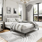 Queen Size Platform Bed Frame with Upholstered Headboard, Wooden Slats Support, Noise Free, No Box Spring Needed, Easy Assembly, Light Grey, Linen