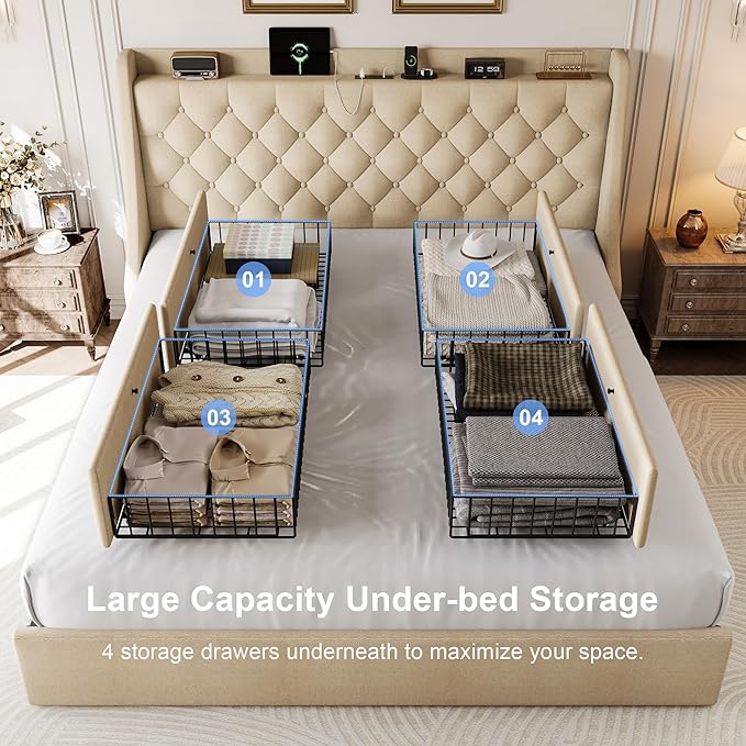 King Size Upholstered Platform Bed Frame with 4 Storage Drawers and Charging Station, Linen Button Tufted Wingback Headboard, Sturdy Wooden Support Slats, No Box Spring Needed, Beige