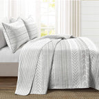 Lush Decor Hygge Geo Pattern Striped 3 Piece Quilt Bedding Set, King, Gray & White