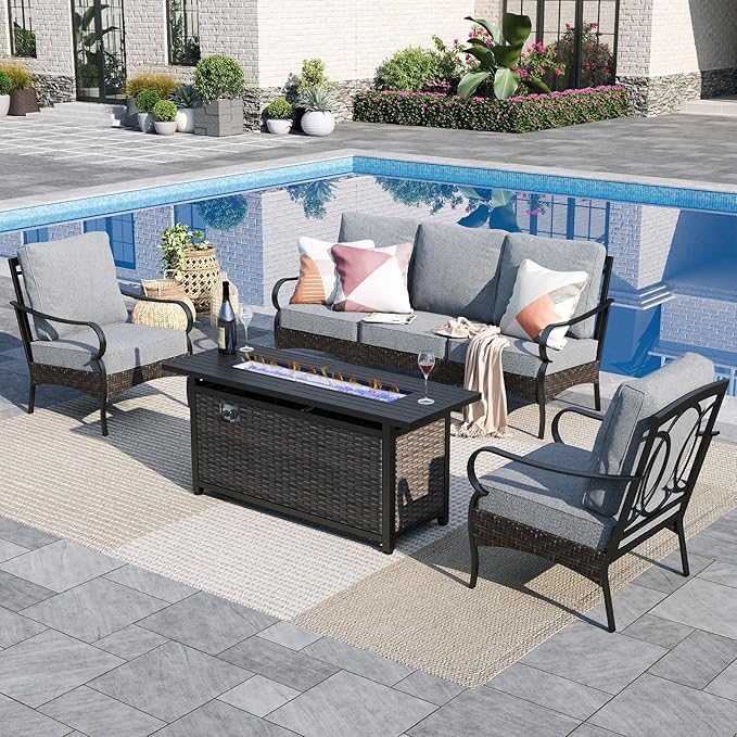 Sophia & William Patio Furniture Set with Fire Pit Table, 4 PCS Metal Outdoor Conversation Set with Fire Pit Table, 2 Sofa Chairs,3-Seater Couch for Outdoor Seating, Backyard, Porch(Grey)