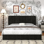 VECELO Queen Size Upholstered Bed Frame with 4 Drawers and Headboard, Velvet Platform Storage Bedframe, Wooden Slats Support, No Box Spring Needed,Black