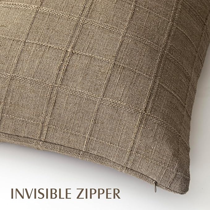Foindtower Set of 2 Decorative Linen Check Throw Pillow Covers Neutral Farmhouse Lumbar Cushion Covers Modern Boho Home Decor for Sofa Chair Couch Bedroom Living Room,12×24 Inch,Light Brown