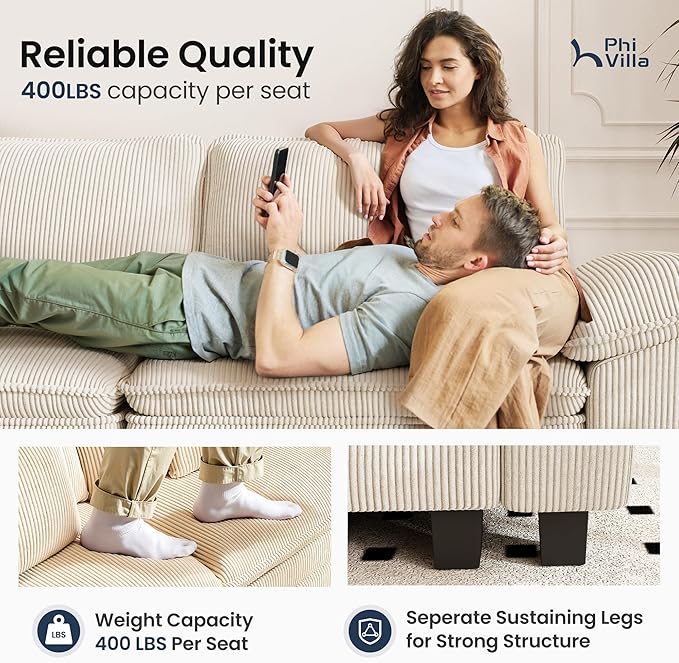 PHI VILLA Indoor Modular Sectional Couches Sets, 2-Piece Armless Sofa Set, 2-Seater Upholstered Couch for Living Room Small Spaces, Corduroy Fabric, Beige