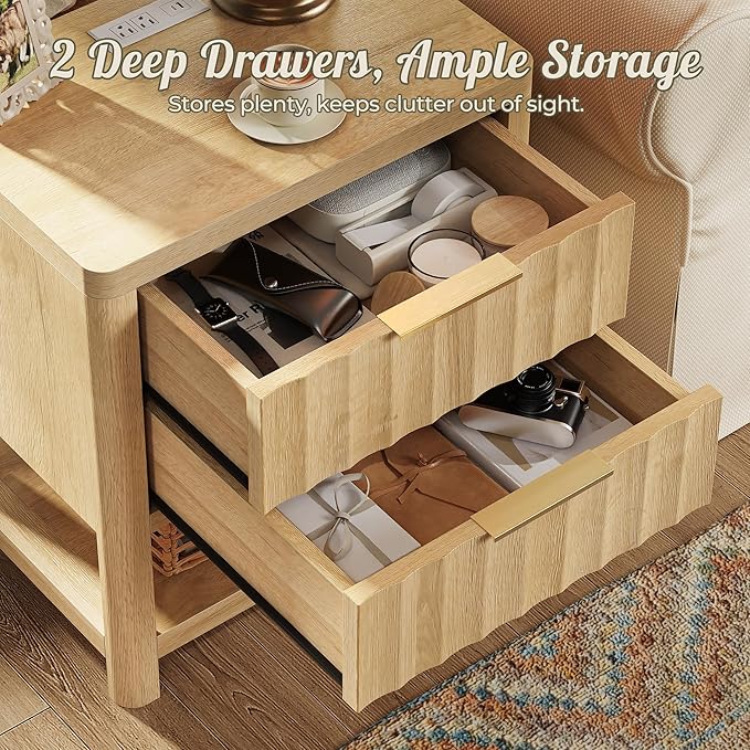 Huuger 27.6 Inch Tall Night Stands with Charger Station, USB-C Port, Fluted Nightstand Set of 2, Larger Wider Bed Side Table with 2 Deep Drawers, Open Shelf, Bedroom Living Room End Table, Natural