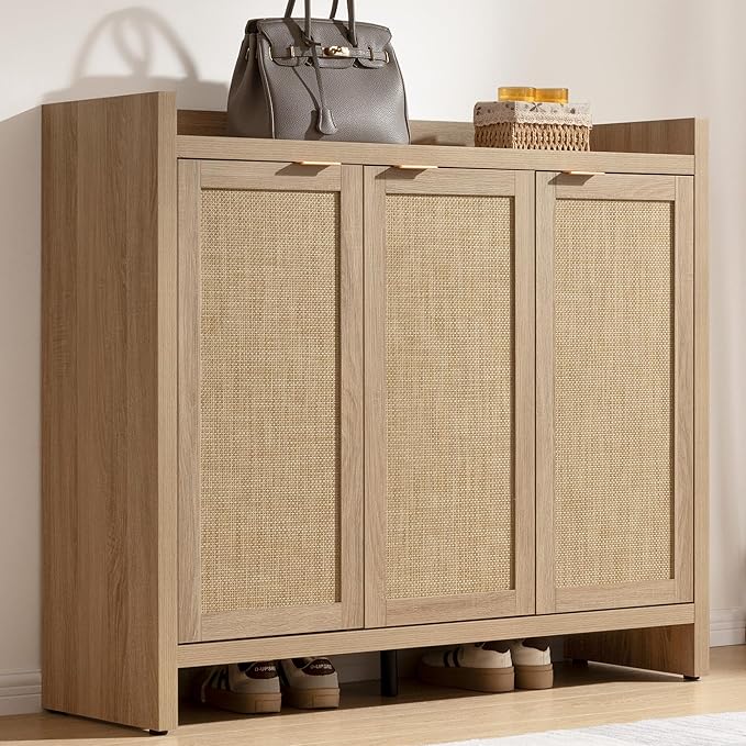 SICOTAS Shoe Storage Cabinet, 30 Pairs Rattan Shoe Cabinet Storage for Entryway, 6-Tier 41" Tall Large Shoe Cabinet, Boho Farmhouse Cabinet with Doors for Entryway Hallway Living Room, Light Oak