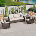 3 Pieces Outdoor Patio Conversation Furniture Set - 75" 3-Seat Sofa | 2 Swivel Glider Rocker Chairs | Wicker End Table, Metal Wicker Couch, Deck (Beige and Brown Stripe)