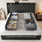 King Size Upholstered Platform Bed Frame with 4 Storage Drawers and Charging Station, Linen Button Tufted Wingback Headboard, Sturdy Wooden Support Slats, No Box Spring Needed, Dark Grey