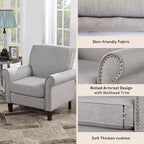 Prilinex Upholstered Living Room Chair Set of 2 - Large Comfy Fabric Accent Chair Single Sofa with Cushion, Rolled Armrest & Nailhead Trim, Mid Century Modern Armchair for Bedroom, Office, Grey