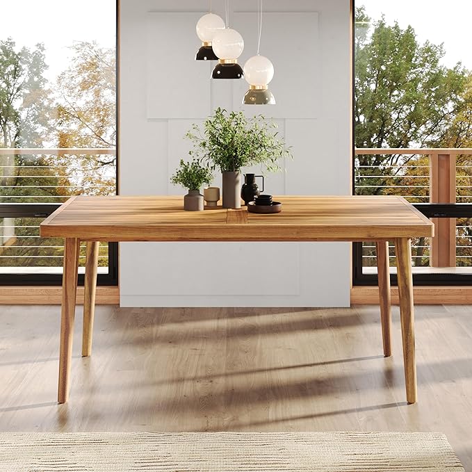 Christopher Knight Home Patio Rectangular Acacia Wood Dining Table with Umbrella Hole, Sturdy for Outdoor Dining, BBQ, Garden, Pair with Dining Chair/Bench, Teak Finish