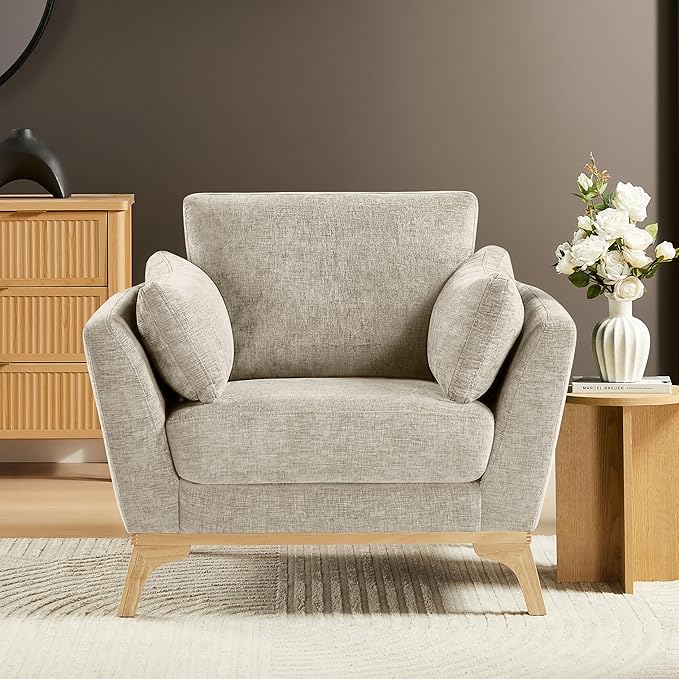 VANOMi Large-Sized Accent Chair, Thick Cushion Bedroom Reading Chair, Comfortable Living Room Single Sofa, Chenille Camel