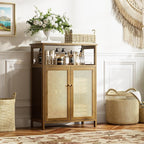 HITNET Rattan Bathroom Floor Cabinet, Freestanding Bamboo Storage Cupboard with 2 Doors, Living Room Sideboard, Space Saving, Walnut