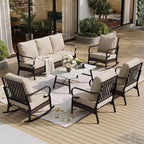 6 Piece Metal Outdoor Patio Furniture Set, Patio Conversation Set 1 3-Seater Sofa, 2 Fixed Sofa, 2 Rocking Sofa with 5.75" Thick Cushion & Coffee Table Black Backyard Furniture, Beige