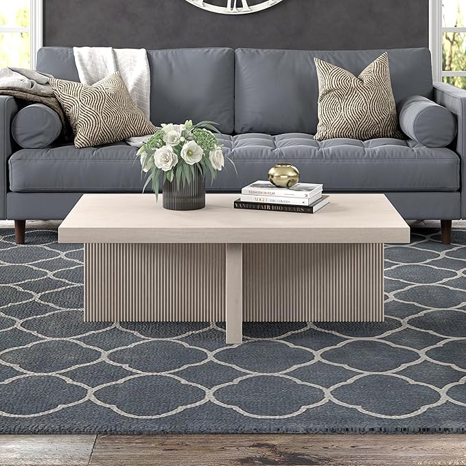 Henn&Hart 44" Fluted Rectangular Wood Pedestal Low-Profile Coffee Table for Living Room, Family Room or Office, Alder White