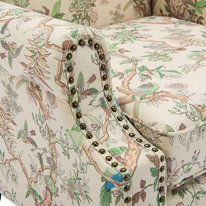 UIXE High Back Floral Accent Chair, Fabric Upholstered Armchair Wingback Arm Club Chair for Living Room, Nailhead Trim Single Sofa Bedroom Side Reading Seat with Solid Wood Legs - Bird Pattern