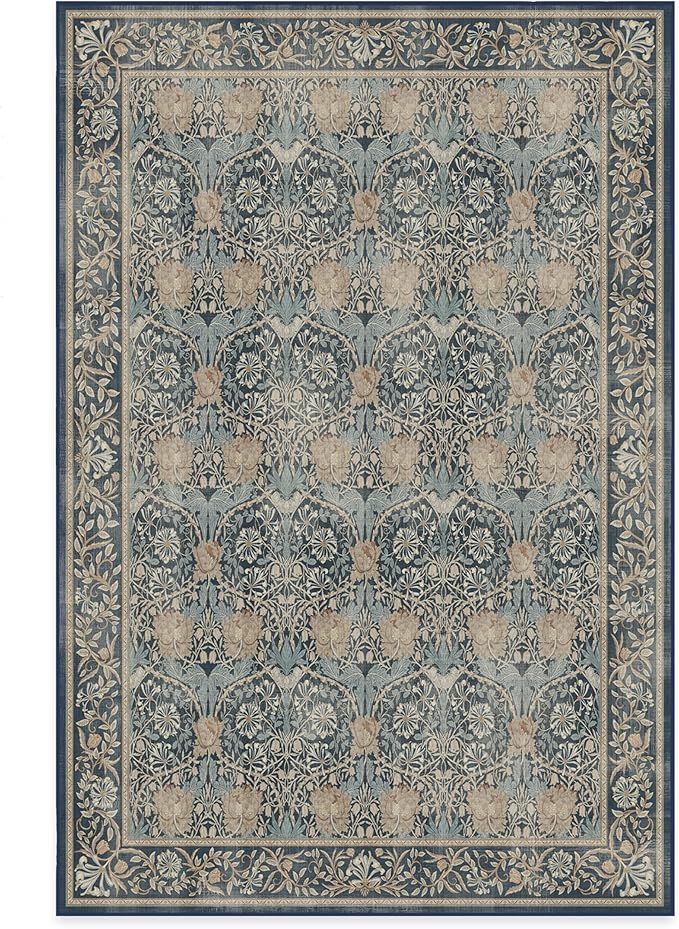 RUGGABLE x Morris & Co Washable Area Rug– Honeysuckle & Tulip Blue 6x9, Stain-Resistant, Non-Slip – Medium Machine Washable Rugs for Living Room, Bedroom, Hallway, Entryway & Office–with Standard Pad