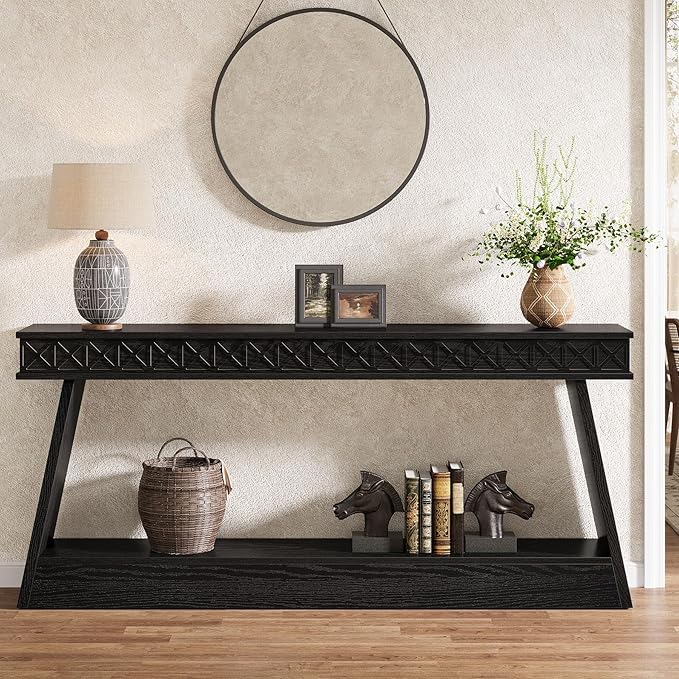 Tribesigns Modern Console Table, 71-Inch Extra Long Entryway Table with Storage, 2-Tier Narrow Sofa Table Behind Couch, Farmhouse Wooden Accent Table for Living Room, Hallway, Foyer, Black