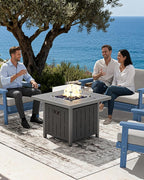 SERWALL Patio Furniture Set with 33” Fire Pit Table, HDPE Outdoor Sectional Sofa Set with Thickened Cushions, Blue Frame with Khaki Cushions