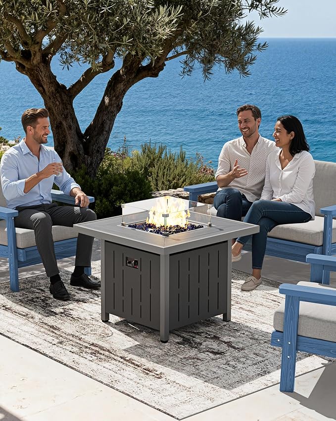 SERWALL Patio Furniture Set with 33” Fire Pit Table, HDPE Outdoor Sectional Sofa Set with Thickened Cushions, Black Frame with Khaki Cushions