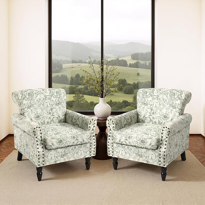 Accent Chair, Upholstered High Back Floral Armchair with Nailhead Trim & Wood Legs, Comfy Wingback Reading Single Sofa Chair for Small Spaces, Living Room, Bedroom (Rococo Green, Set of 2)