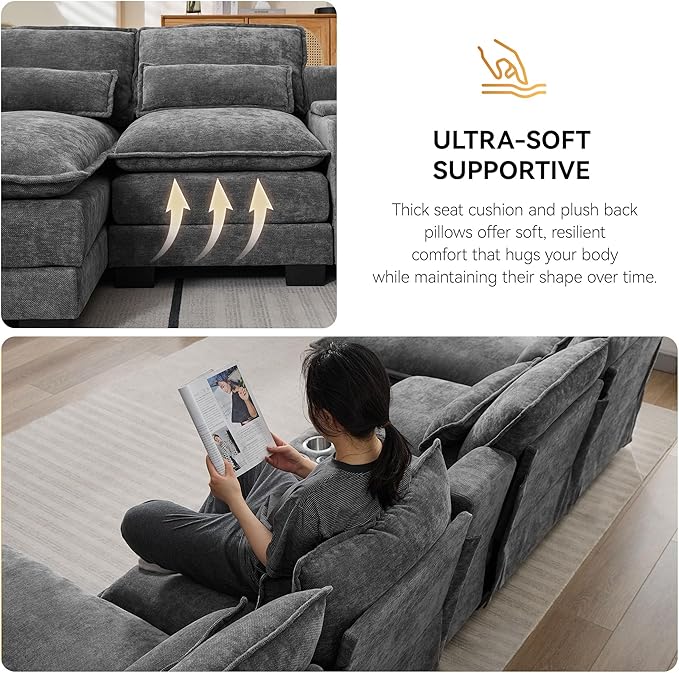 125'' U Shaped Cloud Modular Sofa with Chaise Lounges, Chenille Upholstered Comfy Sectional Couch with Storage Console, USB Charging Ports & Cup Holders, Modern Deep Seat Sofa for Living Room, Grey