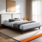 Nord Queen Size Wood Platform Bed | Box Spring Not Required | Black Frame and Cream Beige Boucle