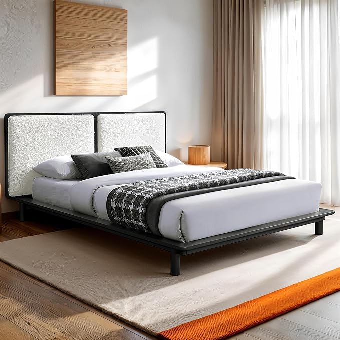 Nord Queen Size Wood Platform Bed | Box Spring Not Required | Black Frame and Cream Beige Boucle