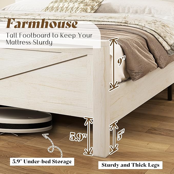 AMERLIFE Farmhouse Full Bed Frame, Rustic Wood Platform Bed Barn Door Storage Bookcase Headboard & Charging Station, Bedroom Furniture, No Box Spring Needed, Antique White