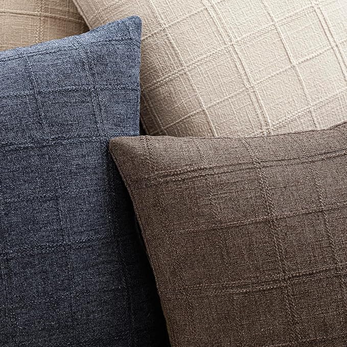 Foindtower Set of 2 Decorative Linen Check Throw Pillow Covers Neutral Farmhouse Vintage Cushion Covers Modern Boho Home Decor for Sofa Chair Couch Bedroom Living Room,18×18 Inch,Dark Brown