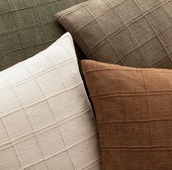 Foindtower Set of 2 Decorative Linen Check Throw Pillow Covers Neutral Farmhouse Vintage Cushion Covers Modern Boho Home Decor for Sofa Chair Couch Bedroom Living Room,24×24 Inch,Light Brown