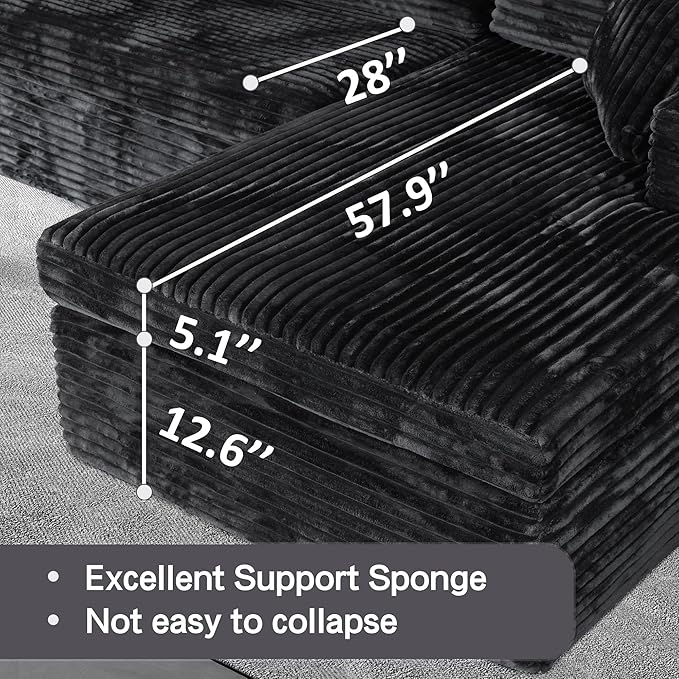 108-inch Boneless Couch for Living Room，Comfy Boneless Sofa with Deep Seats & Chaise Lounge, 3-Seat Modular Sofa Memory Foam Sectional Couches - No Assembly Required(Dark Black)