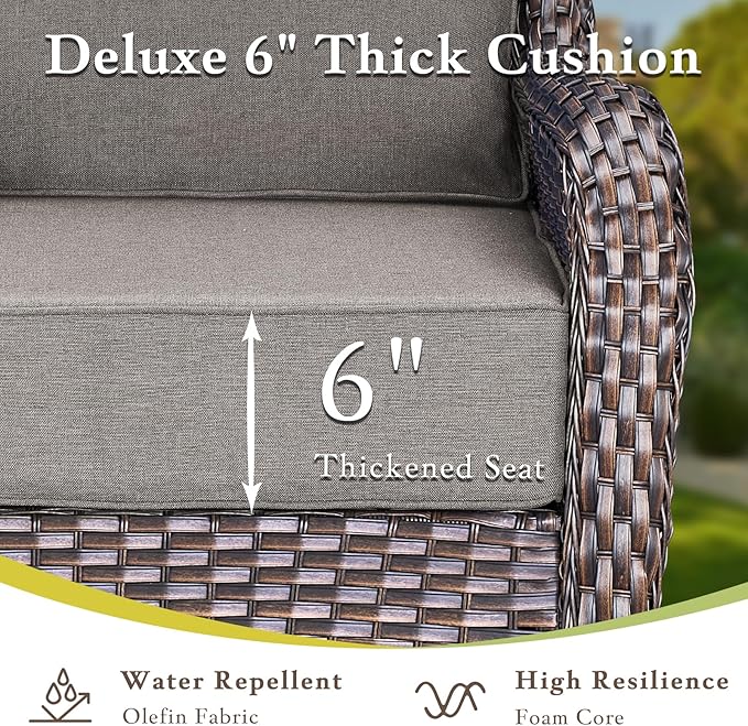 Luxury High Back Outdoor Furniture with 6-inch Extra Thick Cushions, Patio Furniture Set with Swivel Chairs, 7 PCS Wicker Conversation Set for Yard, Deck, Poolside, Brown/Grey