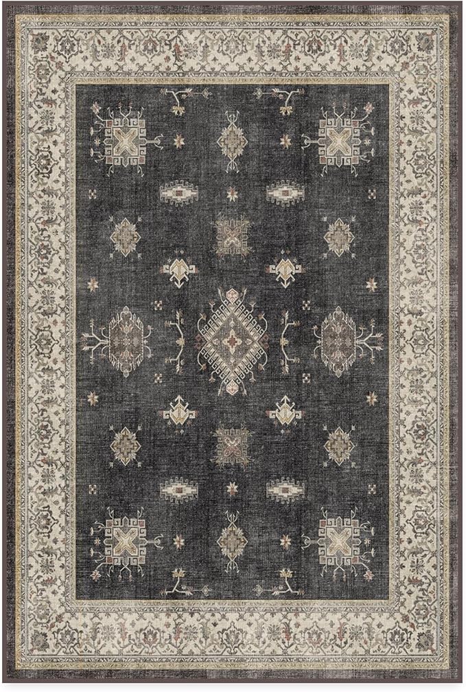 RUGGABLE Washable Vintage Area Rug – Verena Dark Wood 4x6, Stain-Resistant, Non-Slip – Medium Machine Washable Rugs for Living Room, Bedroom, Hallway, Entryway & Office–with Cushioned Pad
